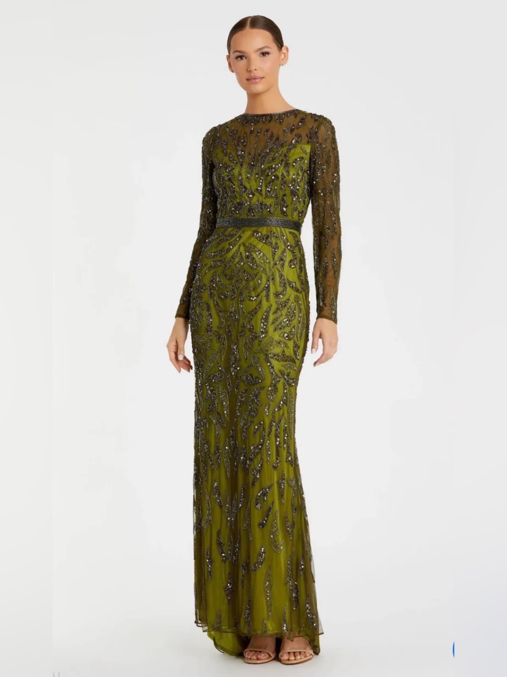 Mac Duggal Olive Green Beaded Long-Sleeve Evening Gown